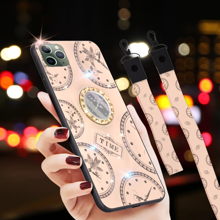 For iPhone 11 Pro Max Fashion Clock Pattern Rhinestone Mobile Phone Shell with Bracket / Hand Rope / Lanyard