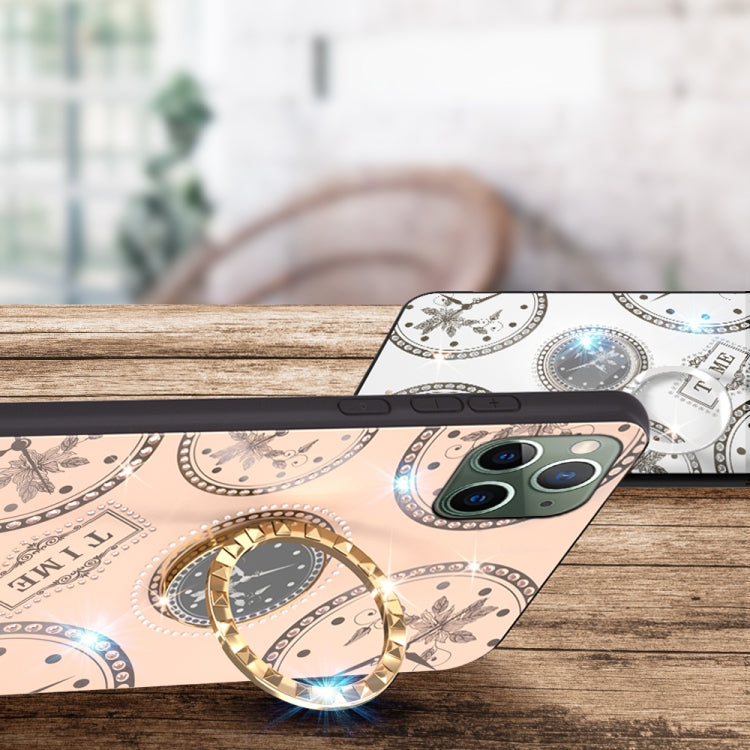 For iPhone 11 Pro Max Fashion Clock Pattern Rhinestone Mobile Phone Shell with Bracket / Hand Rope / Lanyard