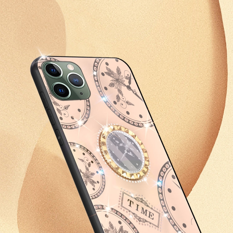 For iPhone 11 Pro Max Fashion Clock Pattern Rhinestone Mobile Phone Shell with Bracket / Hand Rope / Lanyard