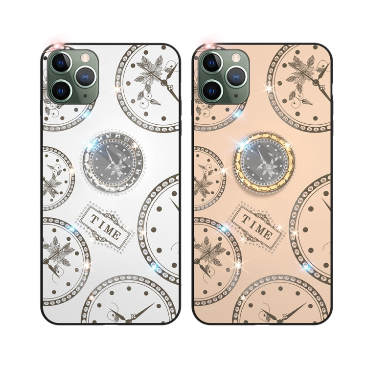 For iPhone 11 Pro Max Fashion Clock Pattern Rhinestone Mobile Phone Shell with Bracket / Hand Rope / Lanyard