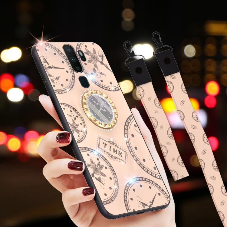 For OPPO A11 / A9 (2020) Fashion Clock Pattern Rhinestone Mobile Phone Shell with Bracket / Hand Rope / Lanyard