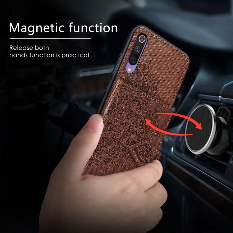 For Xiaomi Mi 9 SE Mandala Embossed Magnetic Cloth PU + TPU + PC Case with Holder & Card Slots & Wallet & Photo Frame & Strap