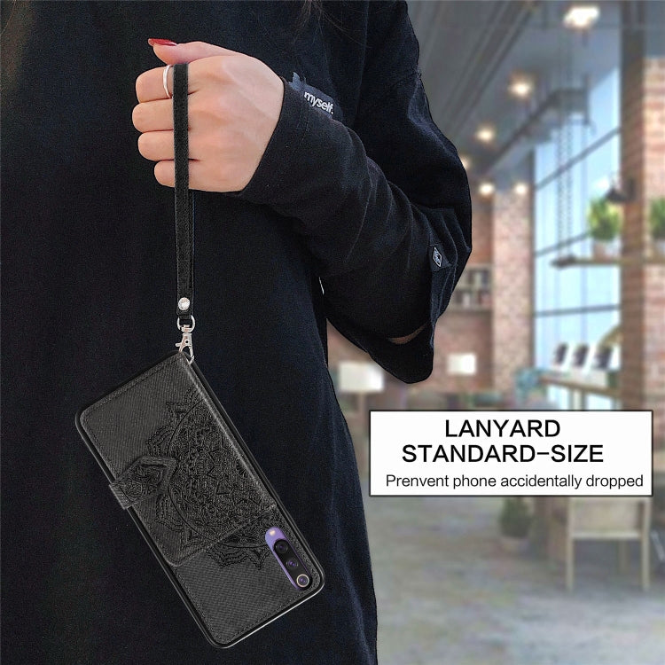 For Xiaomi Mi 9 SE Mandala Embossed Magnetic Cloth PU + TPU + PC Case with Holder & Card Slots & Wallet & Photo Frame & Strap