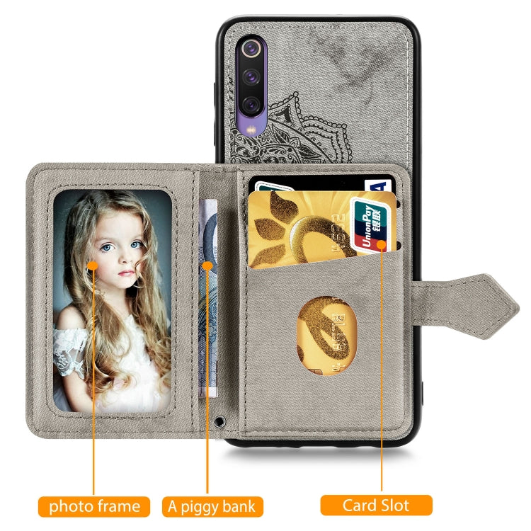 For Xiaomi Mi 9 SE Mandala Embossed Magnetic Cloth PU + TPU + PC Case with Holder & Card Slots & Wallet & Photo Frame & Strap