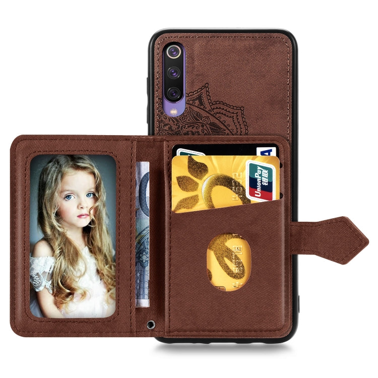 For Xiaomi Mi 9 SE Mandala Embossed Magnetic Cloth PU + TPU + PC Case with Holder & Card Slots & Wallet & Photo Frame & Strap