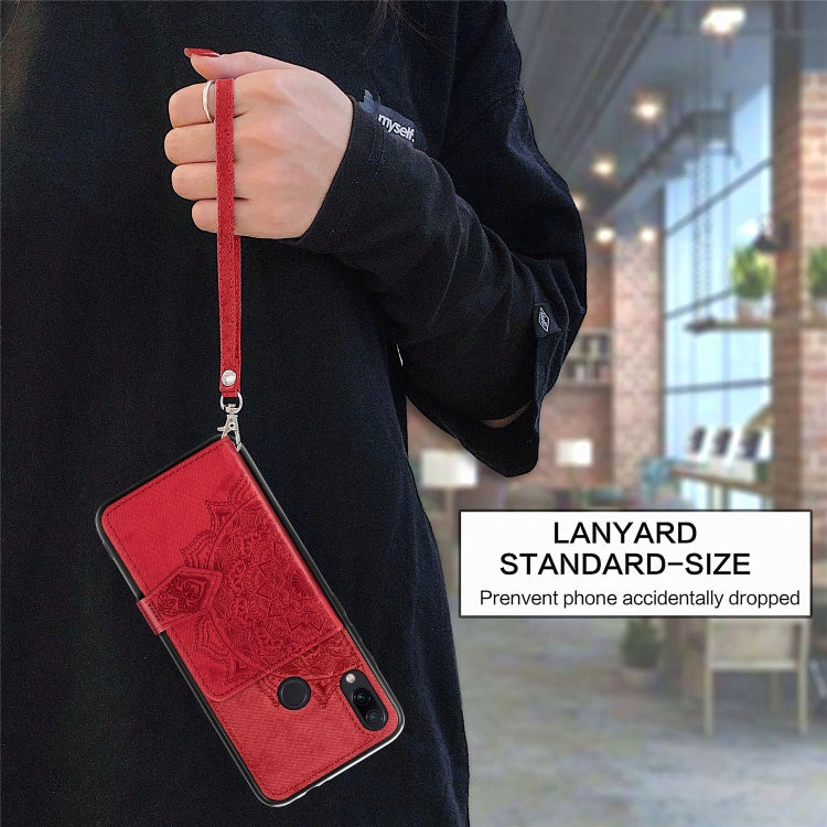 For Xiaomi Redmi Note 7 / Note 7 Pro Mandala Embossed Magnetic Cloth PU + TPU + PC Case with Holder & Card Slots & Wallet & Photo Frame & Strap