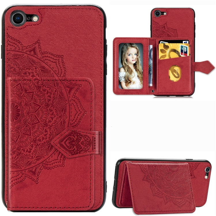 For iPhone SE 2022 / SE 2020 / 8 / 7  Mandala Embossed Magnetic Cloth PU + TPU + PC Case with Holder & Card Slots & Wallet & Photo Frame & Strap