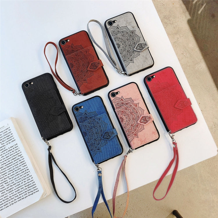 For iPhone SE 2022 / SE 2020 / 8 / 7  Mandala Embossed Magnetic Cloth PU + TPU + PC Case with Holder & Card Slots & Wallet & Photo Frame & Strap