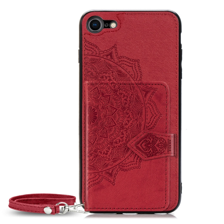 For iPhone SE 2022 / SE 2020 / 8 / 7  Mandala Embossed Magnetic Cloth PU + TPU + PC Case with Holder & Card Slots & Wallet & Photo Frame & Strap