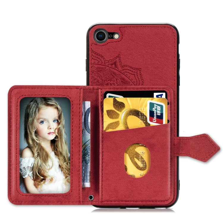 For iPhone SE 2022 / SE 2020 / 8 / 7  Mandala Embossed Magnetic Cloth PU + TPU + PC Case with Holder & Card Slots & Wallet & Photo Frame & Strap