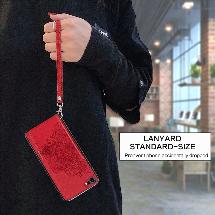 For iPhone SE 2022 / SE 2020 / 8 / 7  Mandala Embossed Magnetic Cloth PU + TPU + PC Case with Holder & Card Slots & Wallet & Photo Frame & Strap