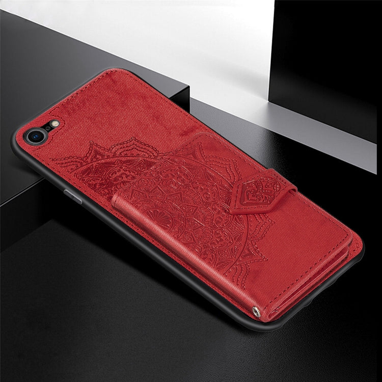For iPhone SE 2022 / SE 2020 / 8 / 7  Mandala Embossed Magnetic Cloth PU + TPU + PC Case with Holder & Card Slots & Wallet & Photo Frame & Strap