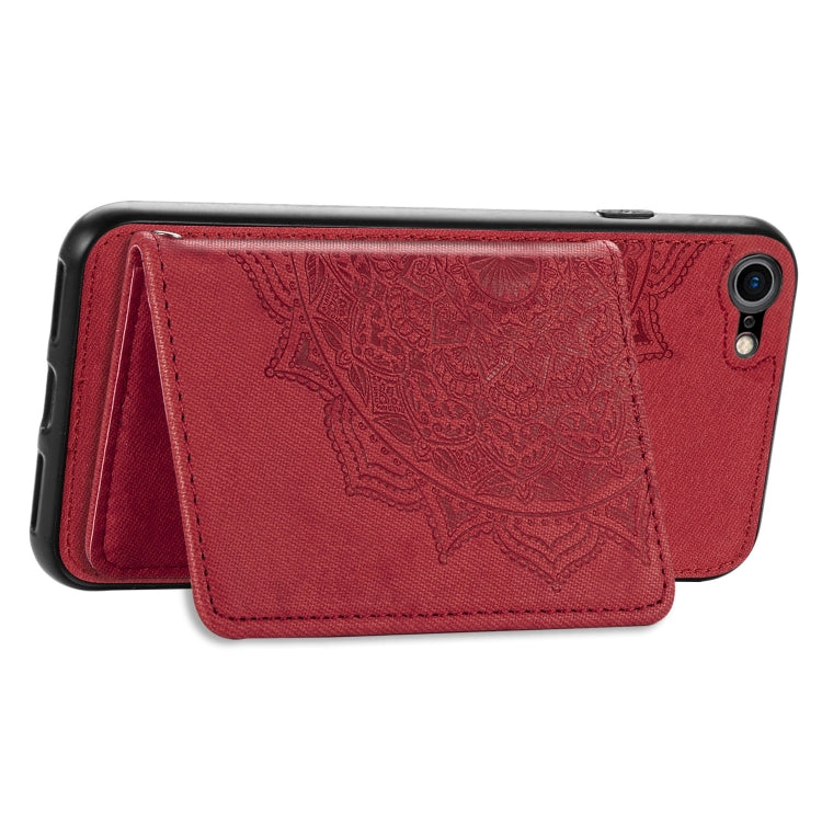 For iPhone SE 2022 / SE 2020 / 8 / 7  Mandala Embossed Magnetic Cloth PU + TPU + PC Case with Holder & Card Slots & Wallet & Photo Frame & Strap