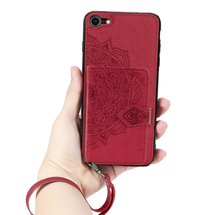 For iPhone SE 2022 / SE 2020 / 8 / 7  Mandala Embossed Magnetic Cloth PU + TPU + PC Case with Holder & Card Slots & Wallet & Photo Frame & Strap