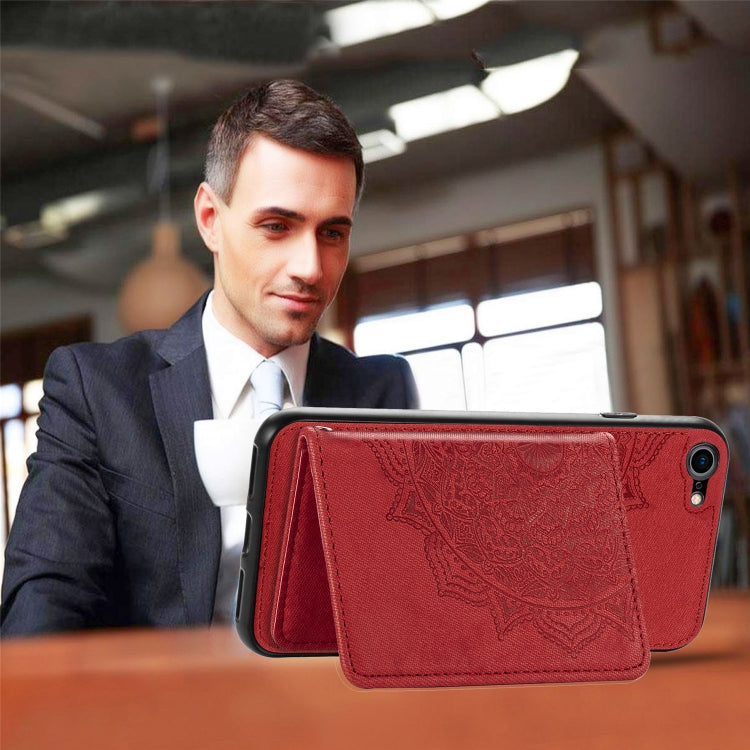 For iPhone SE 2022 / SE 2020 / 8 / 7  Mandala Embossed Magnetic Cloth PU + TPU + PC Case with Holder & Card Slots & Wallet & Photo Frame & Strap