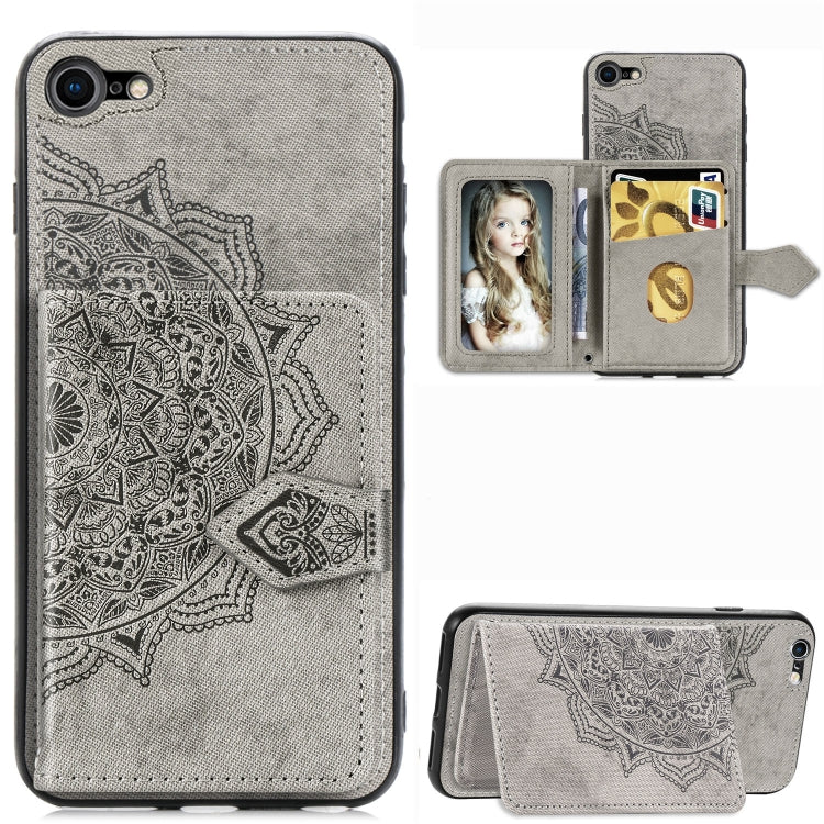For iPhone SE 2022 / SE 2020 / 8 / 7  Mandala Embossed Magnetic Cloth PU + TPU + PC Case with Holder & Card Slots & Wallet & Photo Frame & Strap