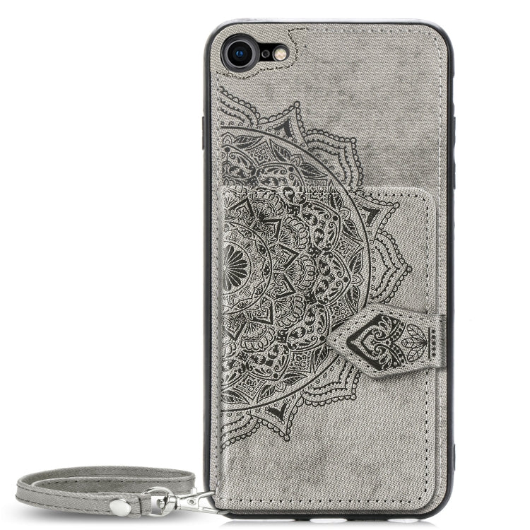 For iPhone SE 2022 / SE 2020 / 8 / 7  Mandala Embossed Magnetic Cloth PU + TPU + PC Case with Holder & Card Slots & Wallet & Photo Frame & Strap