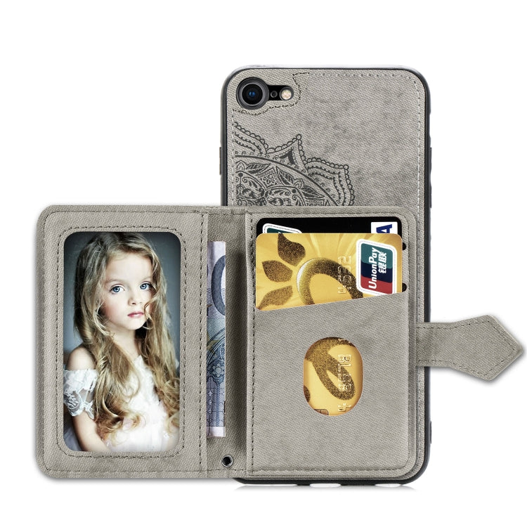 For iPhone SE 2022 / SE 2020 / 8 / 7  Mandala Embossed Magnetic Cloth PU + TPU + PC Case with Holder & Card Slots & Wallet & Photo Frame & Strap