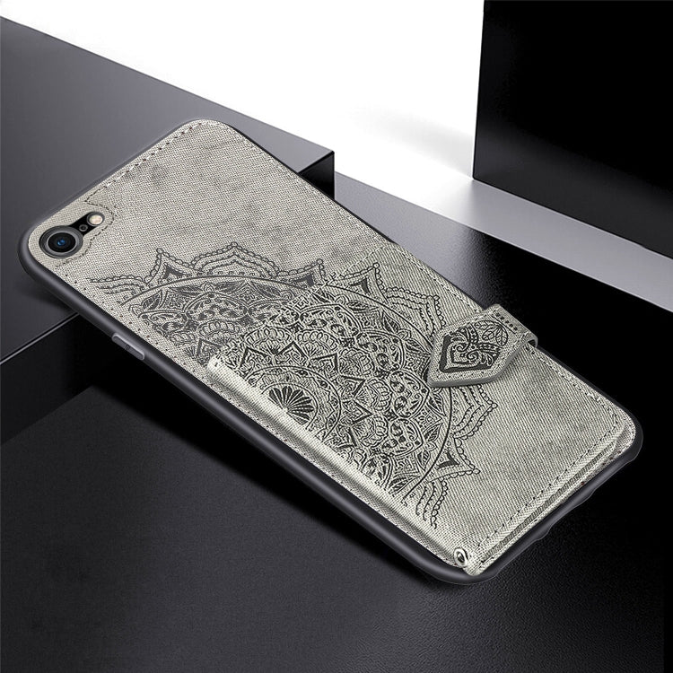 For iPhone SE 2022 / SE 2020 / 8 / 7  Mandala Embossed Magnetic Cloth PU + TPU + PC Case with Holder & Card Slots & Wallet & Photo Frame & Strap