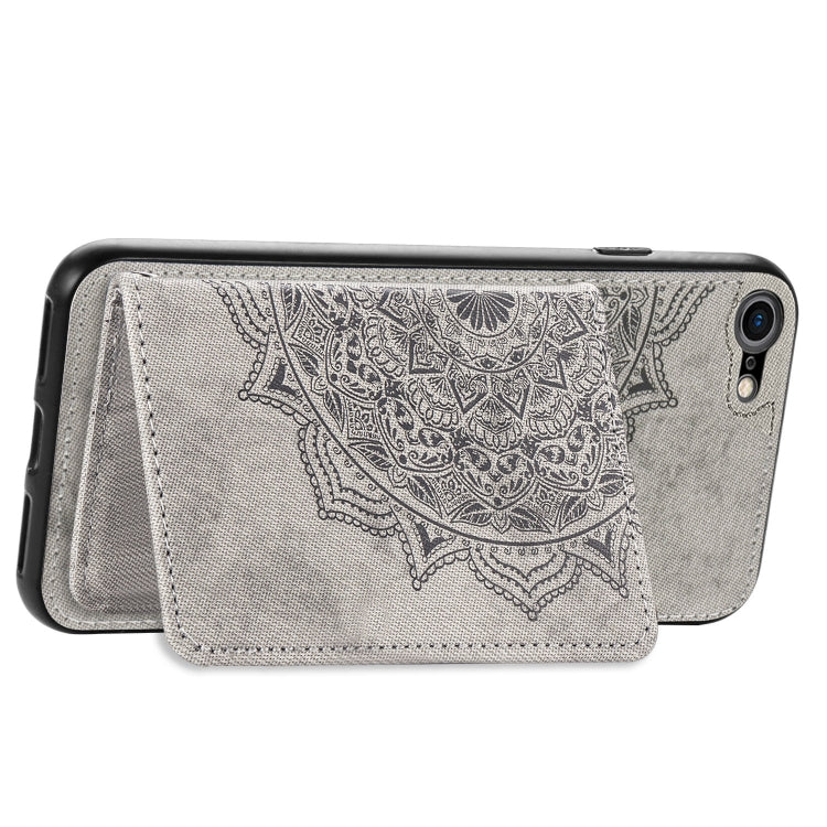 For iPhone SE 2022 / SE 2020 / 8 / 7  Mandala Embossed Magnetic Cloth PU + TPU + PC Case with Holder & Card Slots & Wallet & Photo Frame & Strap