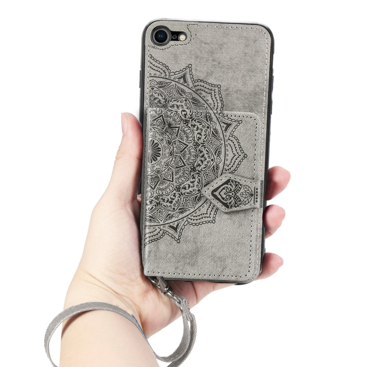 For iPhone SE 2022 / SE 2020 / 8 / 7  Mandala Embossed Magnetic Cloth PU + TPU + PC Case with Holder & Card Slots & Wallet & Photo Frame & Strap