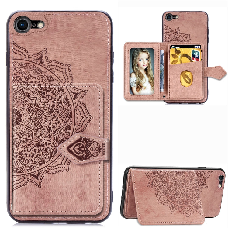 For iPhone SE 2022 / SE 2020 / 8 / 7  Mandala Embossed Magnetic Cloth PU + TPU + PC Case with Holder & Card Slots & Wallet & Photo Frame & Strap