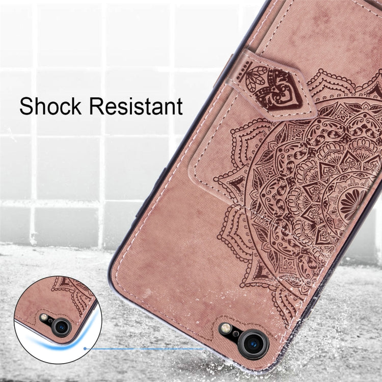 For iPhone SE 2022 / SE 2020 / 8 / 7  Mandala Embossed Magnetic Cloth PU + TPU + PC Case with Holder & Card Slots & Wallet & Photo Frame & Strap
