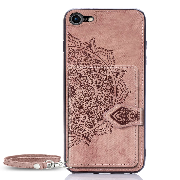 For iPhone SE 2022 / SE 2020 / 8 / 7  Mandala Embossed Magnetic Cloth PU + TPU + PC Case with Holder & Card Slots & Wallet & Photo Frame & Strap