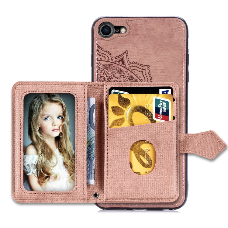 For iPhone SE 2022 / SE 2020 / 8 / 7  Mandala Embossed Magnetic Cloth PU + TPU + PC Case with Holder & Card Slots & Wallet & Photo Frame & Strap