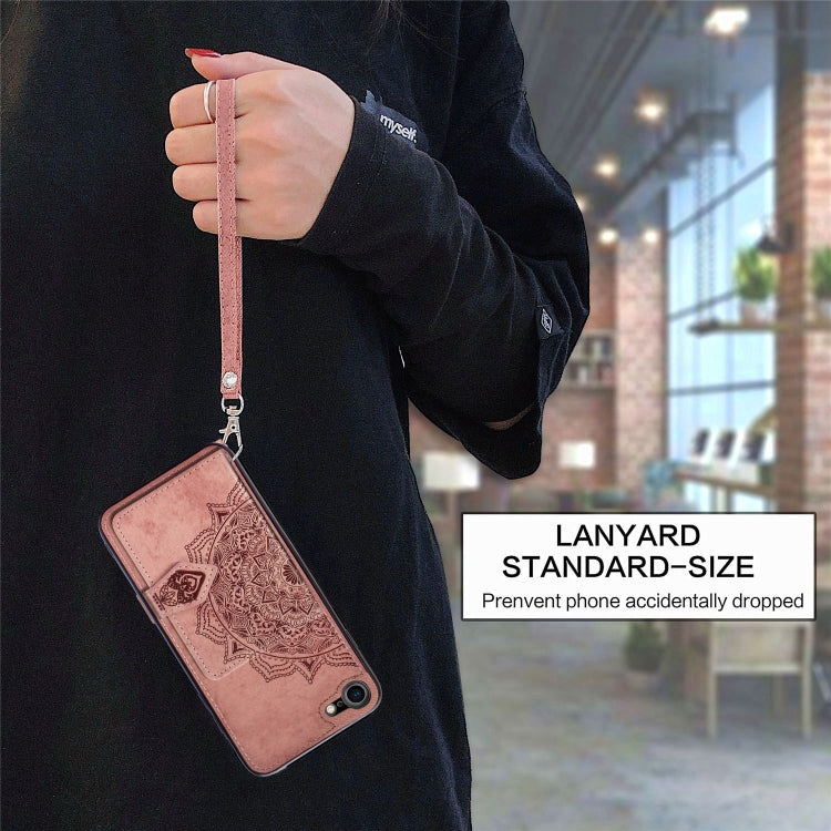 For iPhone SE 2022 / SE 2020 / 8 / 7  Mandala Embossed Magnetic Cloth PU + TPU + PC Case with Holder & Card Slots & Wallet & Photo Frame & Strap
