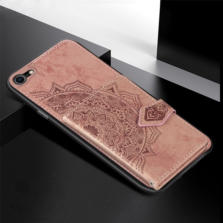 For iPhone SE 2022 / SE 2020 / 8 / 7  Mandala Embossed Magnetic Cloth PU + TPU + PC Case with Holder & Card Slots & Wallet & Photo Frame & Strap