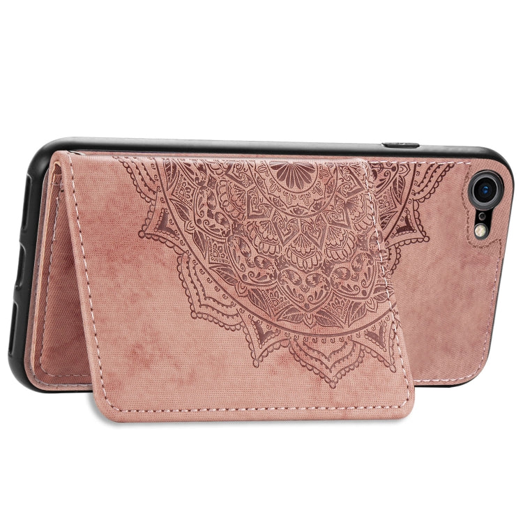 For iPhone SE 2022 / SE 2020 / 8 / 7  Mandala Embossed Magnetic Cloth PU + TPU + PC Case with Holder & Card Slots & Wallet & Photo Frame & Strap