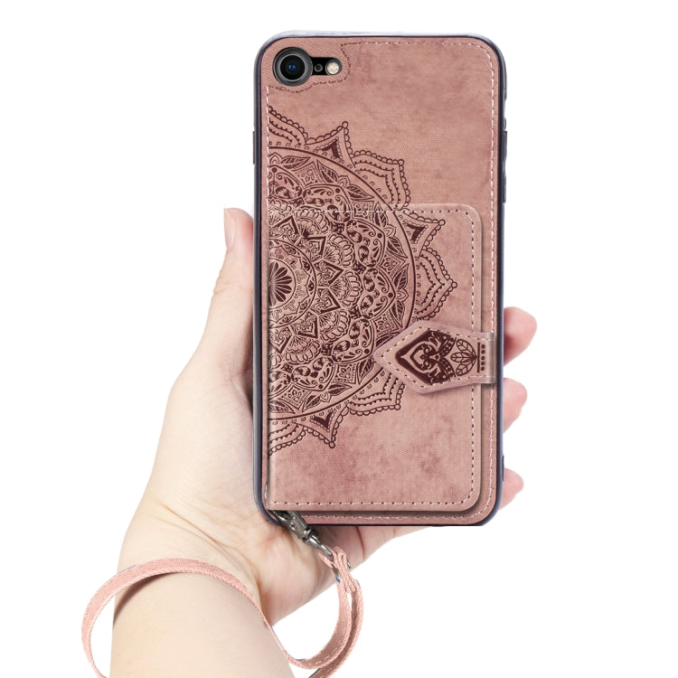 For iPhone SE 2022 / SE 2020 / 8 / 7  Mandala Embossed Magnetic Cloth PU + TPU + PC Case with Holder & Card Slots & Wallet & Photo Frame & Strap