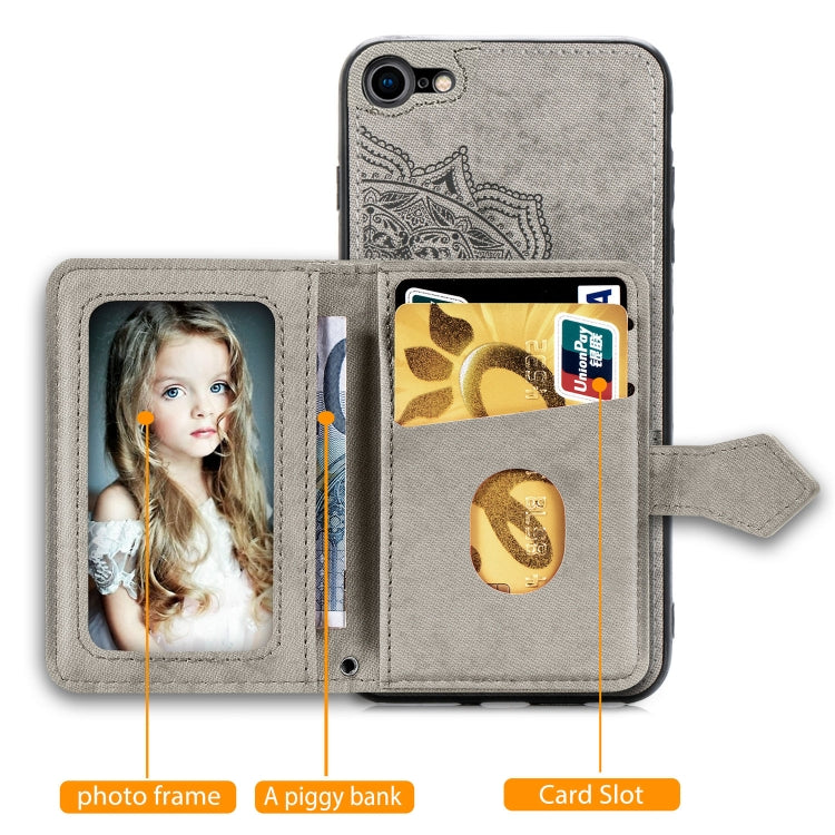 For iPhone SE 2022 / SE 2020 / 8 / 7  Mandala Embossed Magnetic Cloth PU + TPU + PC Case with Holder & Card Slots & Wallet & Photo Frame & Strap