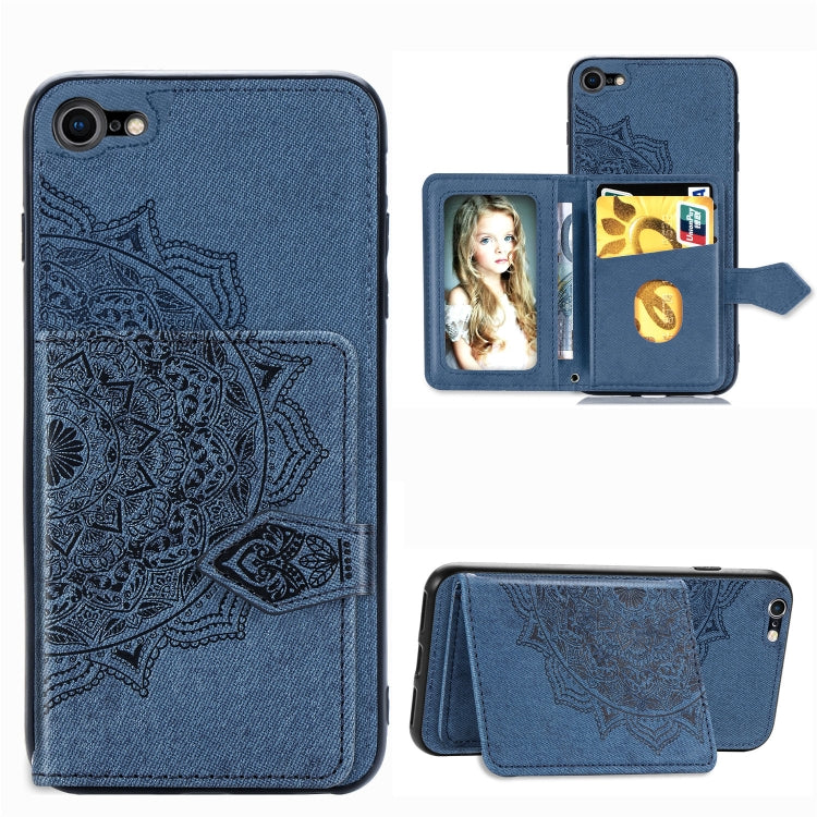For iPhone SE 2022 / SE 2020 / 8 / 7  Mandala Embossed Magnetic Cloth PU + TPU + PC Case with Holder & Card Slots & Wallet & Photo Frame & Strap
