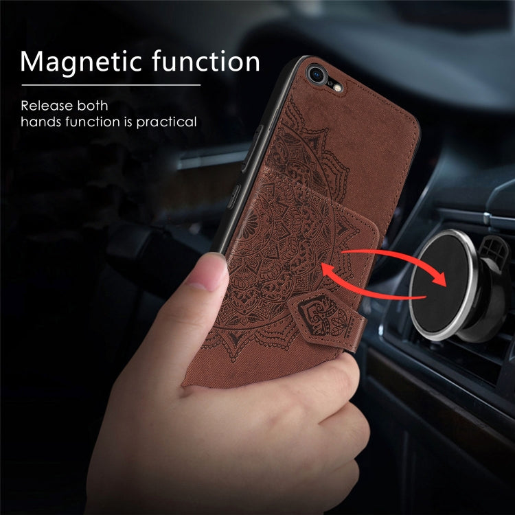For iPhone SE 2022 / SE 2020 / 8 / 7  Mandala Embossed Magnetic Cloth PU + TPU + PC Case with Holder & Card Slots & Wallet & Photo Frame & Strap