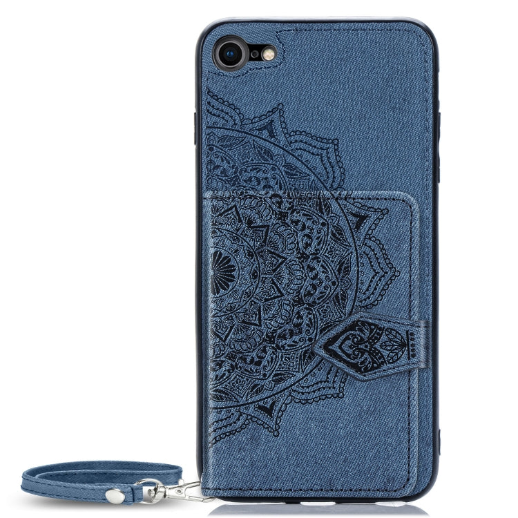 For iPhone SE 2022 / SE 2020 / 8 / 7  Mandala Embossed Magnetic Cloth PU + TPU + PC Case with Holder & Card Slots & Wallet & Photo Frame & Strap