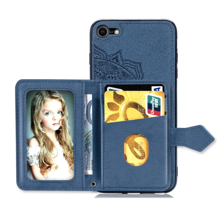 For iPhone SE 2022 / SE 2020 / 8 / 7  Mandala Embossed Magnetic Cloth PU + TPU + PC Case with Holder & Card Slots & Wallet & Photo Frame & Strap