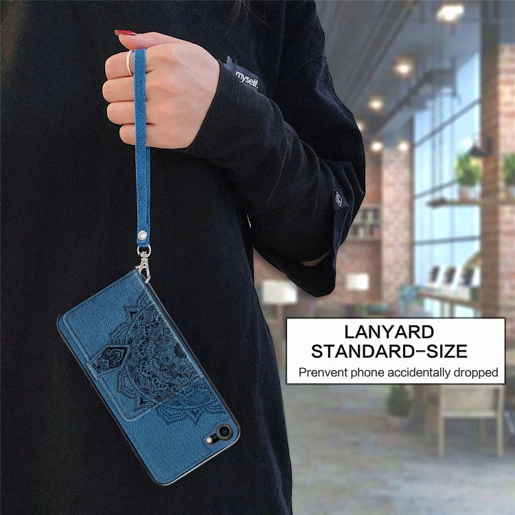 For iPhone SE 2022 / SE 2020 / 8 / 7  Mandala Embossed Magnetic Cloth PU + TPU + PC Case with Holder & Card Slots & Wallet & Photo Frame & Strap