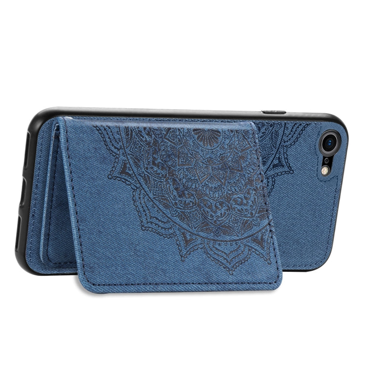 For iPhone SE 2022 / SE 2020 / 8 / 7  Mandala Embossed Magnetic Cloth PU + TPU + PC Case with Holder & Card Slots & Wallet & Photo Frame & Strap