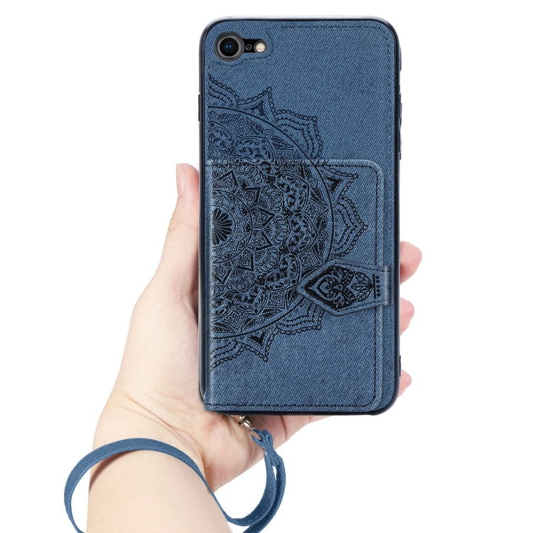 For iPhone SE 2022 / SE 2020 / 8 / 7  Mandala Embossed Magnetic Cloth PU + TPU + PC Case with Holder & Card Slots & Wallet & Photo Frame & Strap