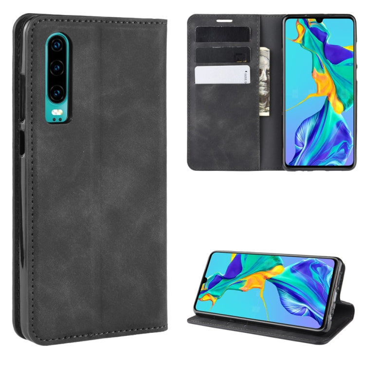 For Huawei P30 Retro-skin Business Magnetic Suction Leather Case with Holder & Card Slots & Wallet