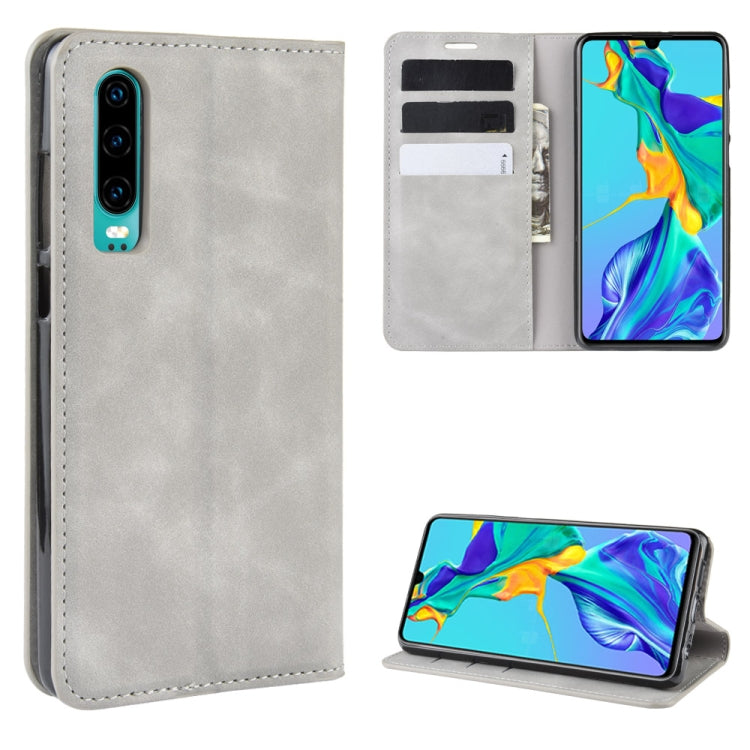 For Huawei P30 Retro-skin Business Magnetic Suction Leather Case with Holder & Card Slots & Wallet