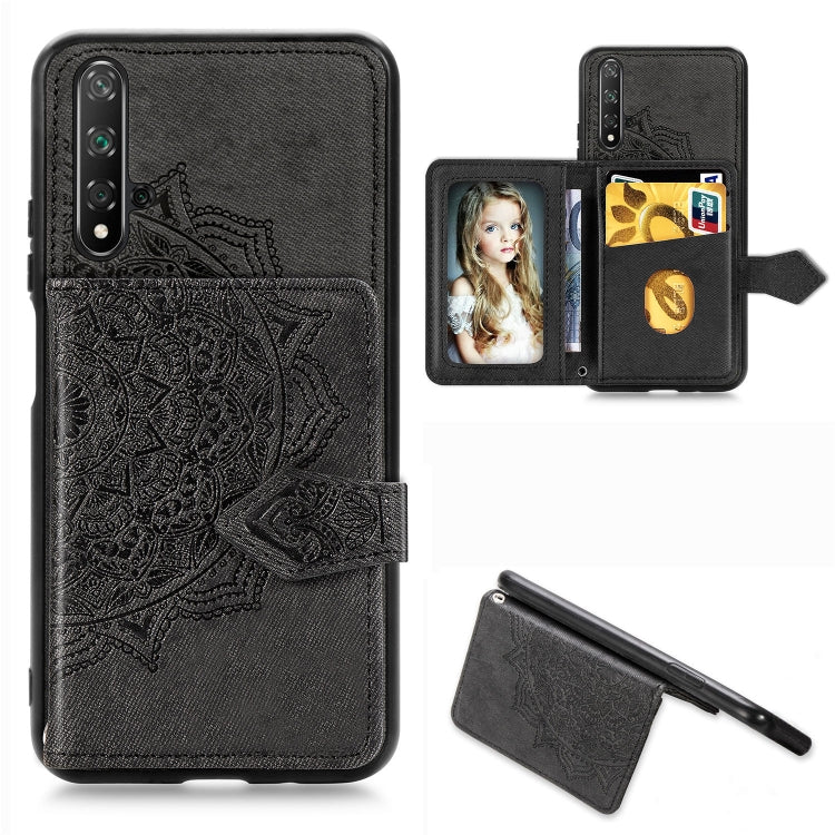 For Huawei Honor 20 Mandala Embossed Magnetic Cloth PU + TPU + PC Case with Holder & Card Slots & Wallet & Photo Frame & Strap