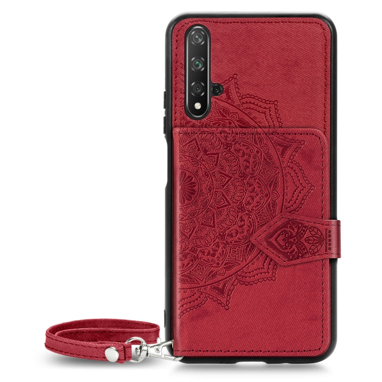 For Huawei Honor 20 Mandala Embossed Magnetic Cloth PU + TPU + PC Case with Holder & Card Slots & Wallet & Photo Frame & Strap