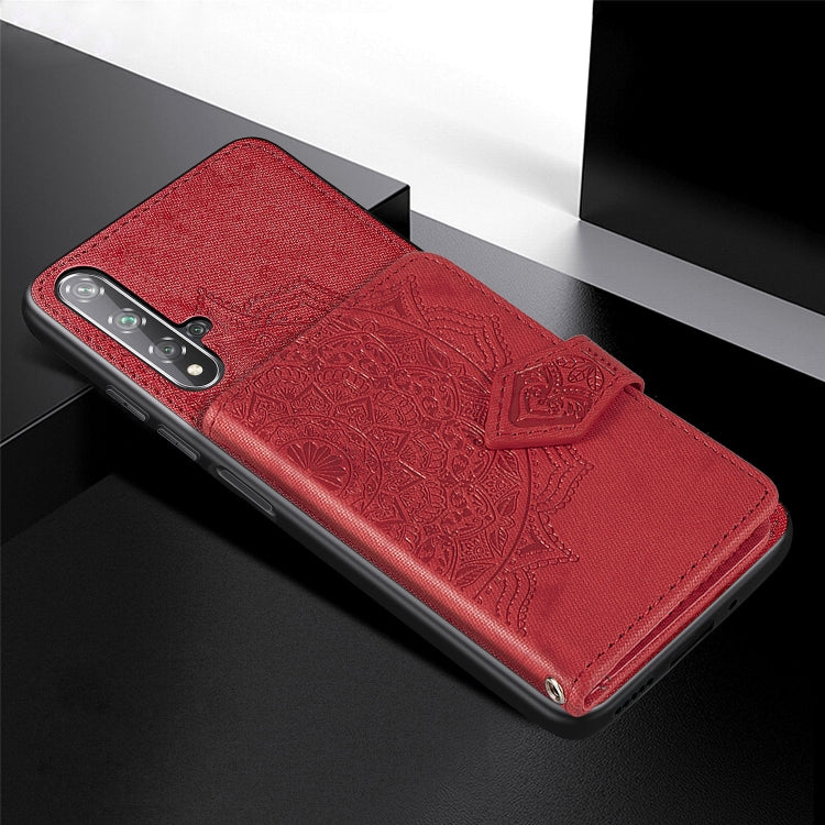 For Huawei Honor 20 Mandala Embossed Magnetic Cloth PU + TPU + PC Case with Holder & Card Slots & Wallet & Photo Frame & Strap