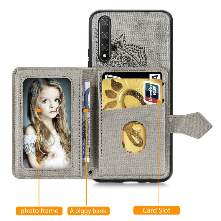 For Huawei Honor 20 Mandala Embossed Magnetic Cloth PU + TPU + PC Case with Holder & Card Slots & Wallet & Photo Frame & Strap