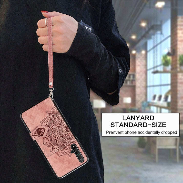 For Huawei Honor 20 Mandala Embossed Magnetic Cloth PU + TPU + PC Case with Holder & Card Slots & Wallet & Photo Frame & Strap