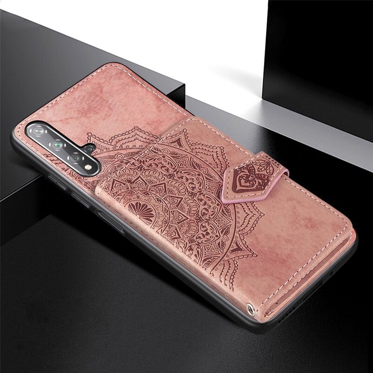 For Huawei Honor 20 Mandala Embossed Magnetic Cloth PU + TPU + PC Case with Holder & Card Slots & Wallet & Photo Frame & Strap