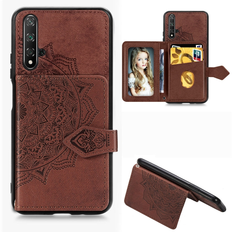 For Huawei Honor 20 Mandala Embossed Magnetic Cloth PU + TPU + PC Case with Holder & Card Slots & Wallet & Photo Frame & Strap